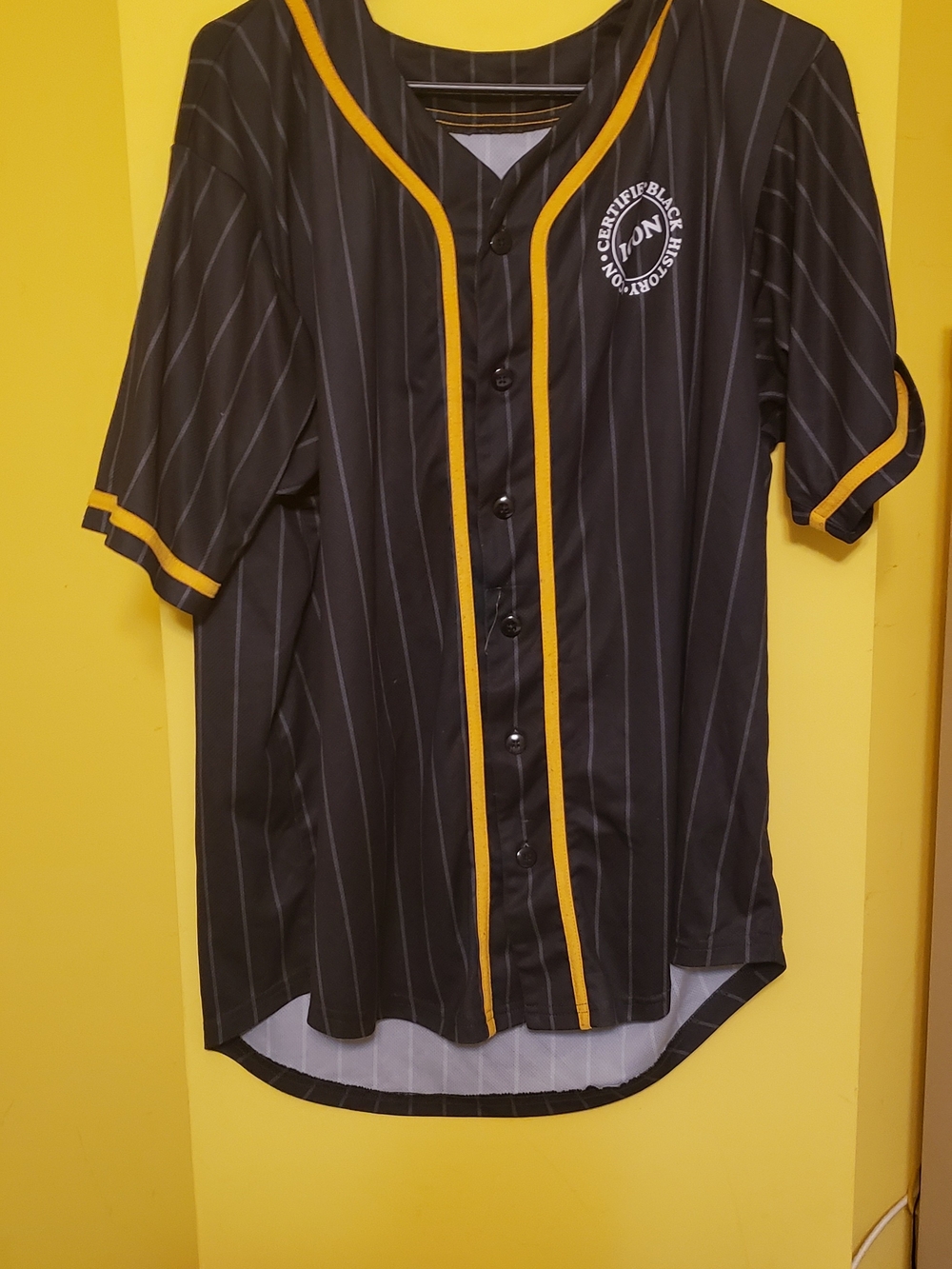 Black Pinstripe Baseball Jersey with Yellow Trim Malcom X